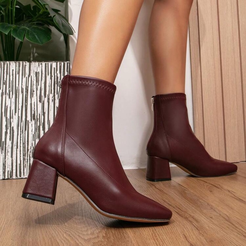 𝗡𝗪𝗢𝗧: Fashion Faux Leather Zipper Ankle Boots Elegant Burgundy Ankle Boots - Picture 2 of 16